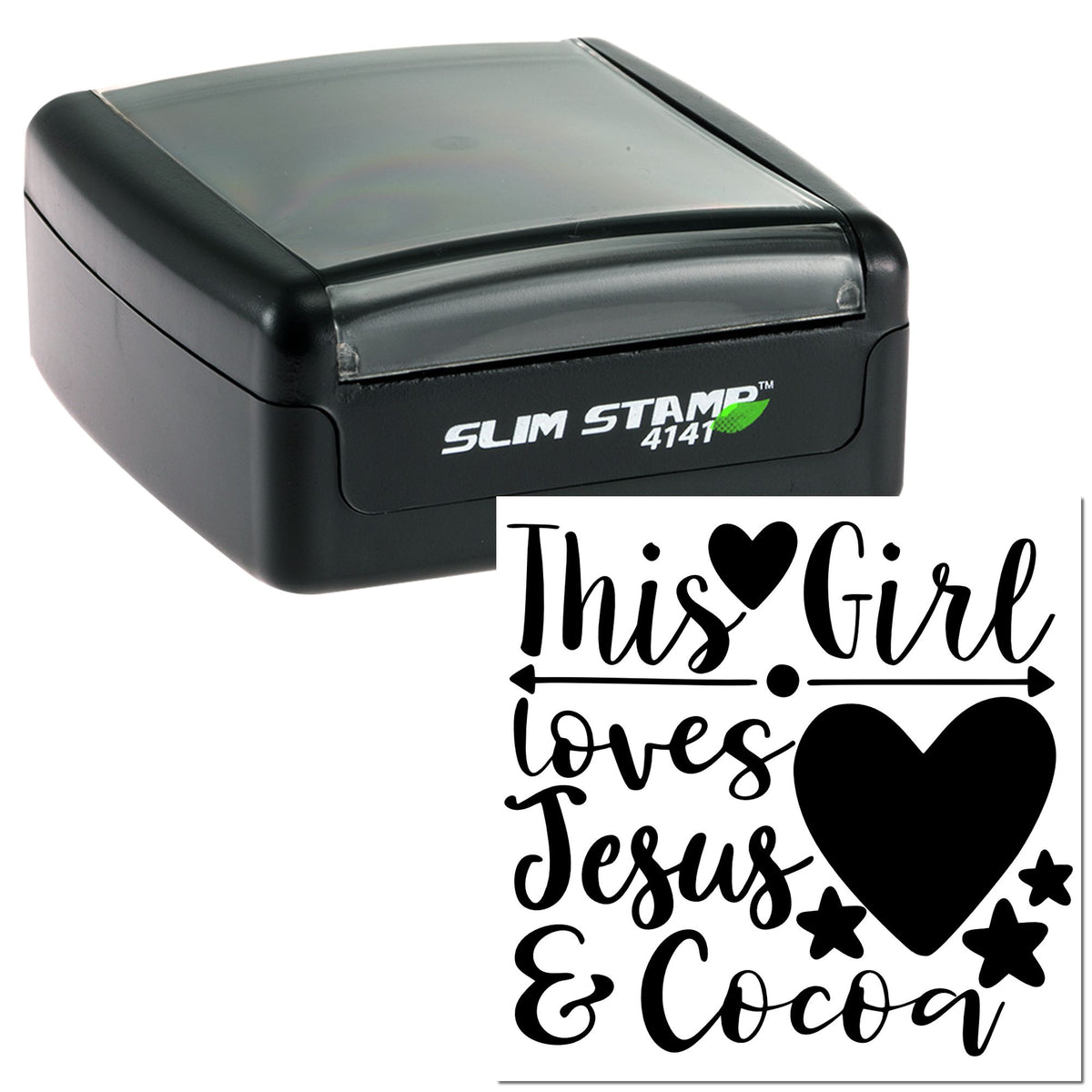 Black slim self-inking stamp and custom seal design in black on white, featuring script text, heart, and stars.