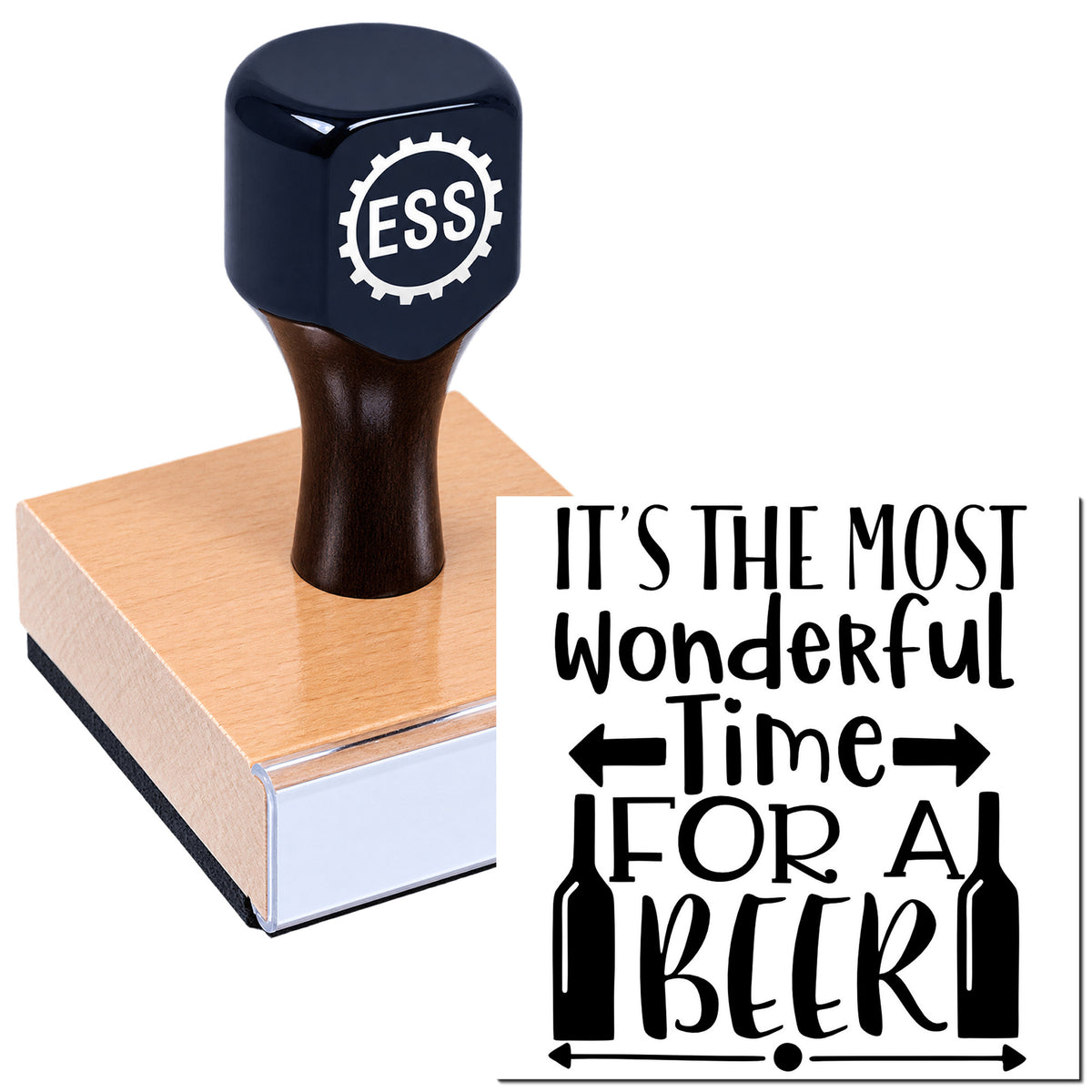 Black ESS rubber stamp with pink seal base and black beer-themed text, "It's the Most Wonderful Time for a Beer."
