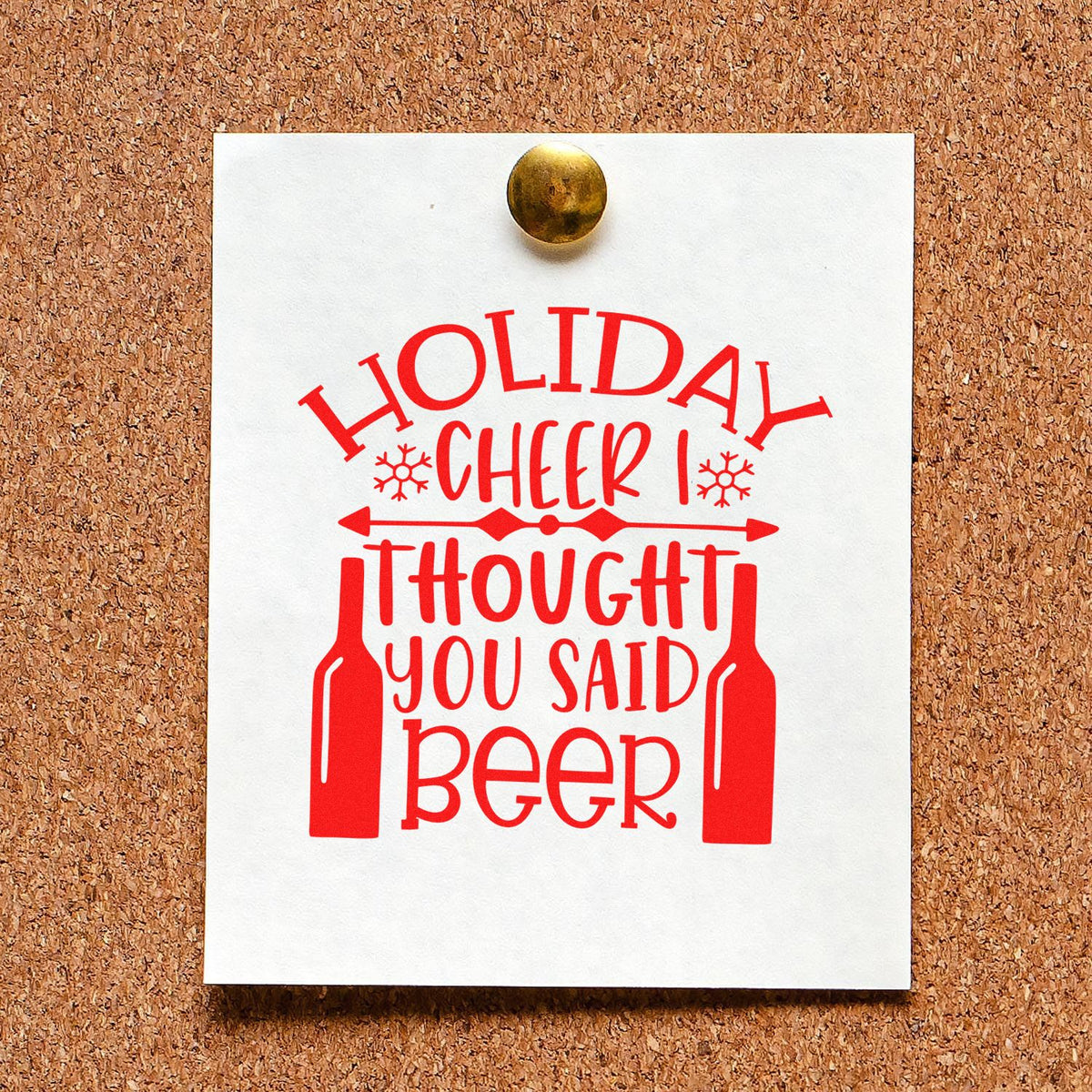 Red holiday beer stamp/seal on white paper, pinned to corkboard, with bottle icons and snowflakes.