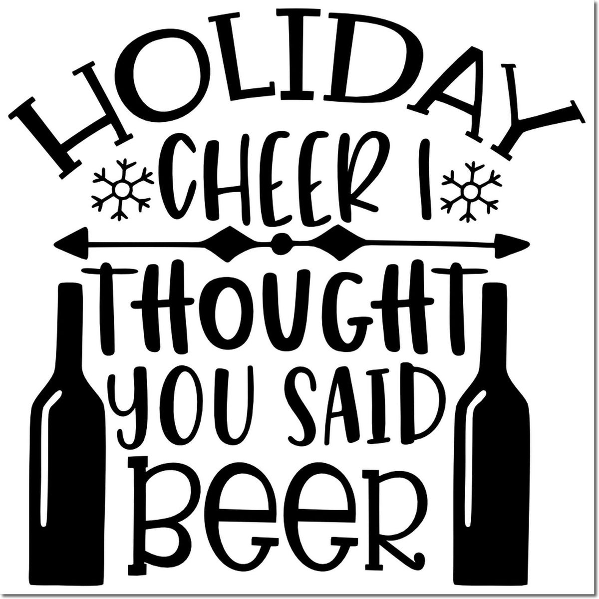 Black holiday beer stamp/seal design with snowflakes, beer bottles, and bold text on a white background.