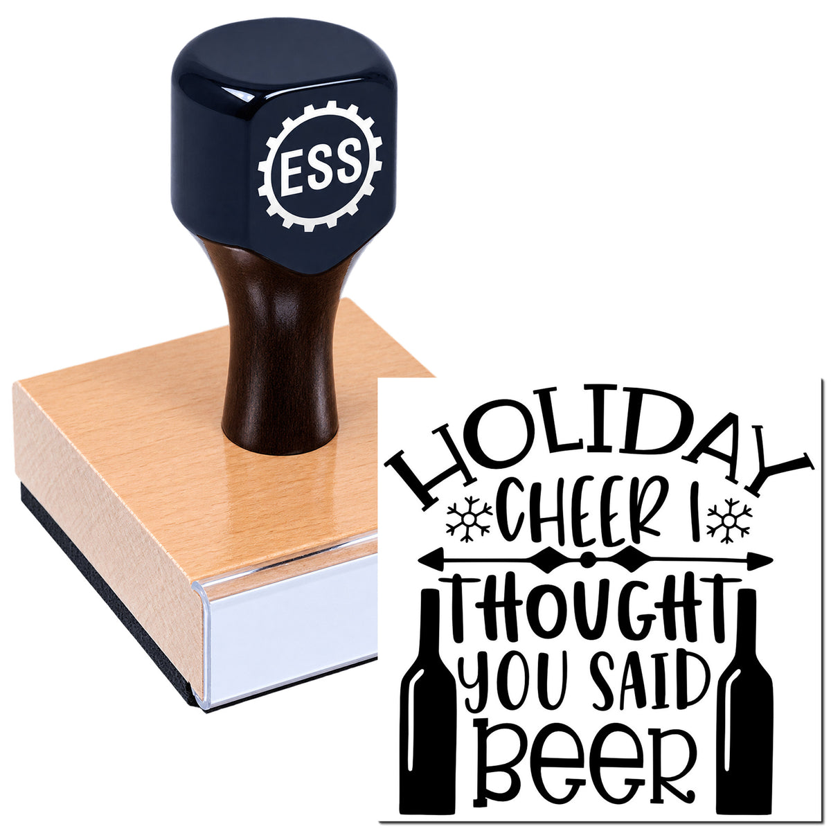 Navy ESS rubber stamp on wooden block with black Holiday Cheer seal design, beer bottles and snowflakes.