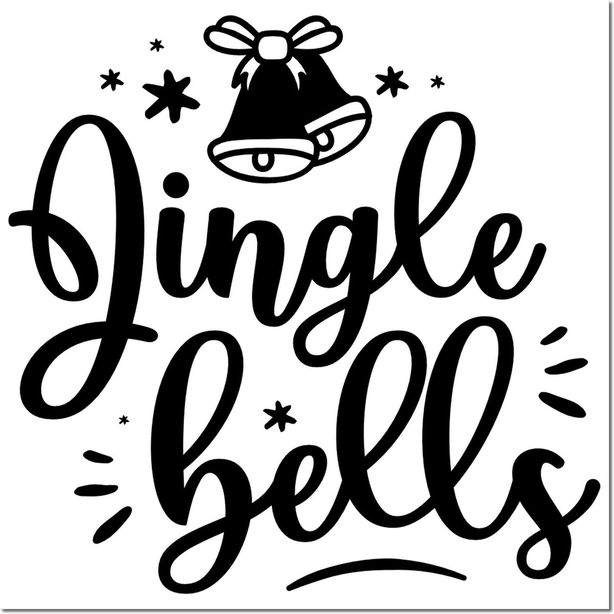 Black jingle bells stamp design with bow-topped bells, stars, and handwritten holiday script for seal products.