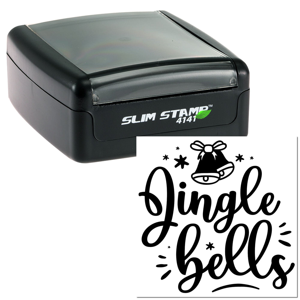 Black Slim Stamp 4141 with gray top and custom holiday seal reading Jingle bells, featuring bells, stars, and black script.