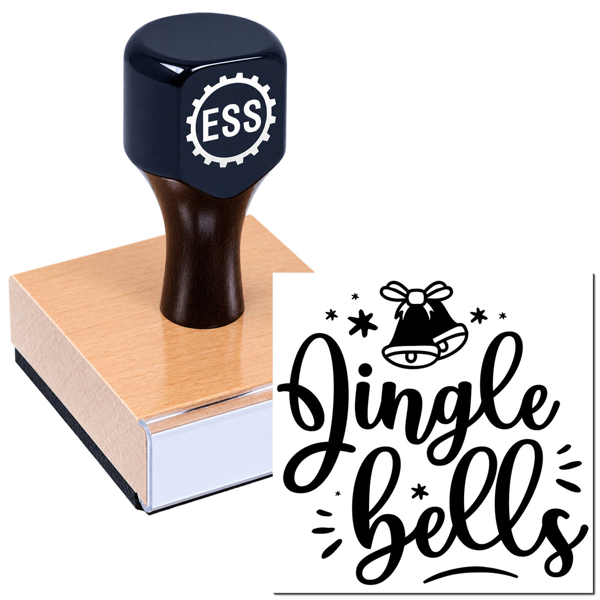 Black ESS rubber stamp on square base with a Jingle Bells holiday seal design in black on white.