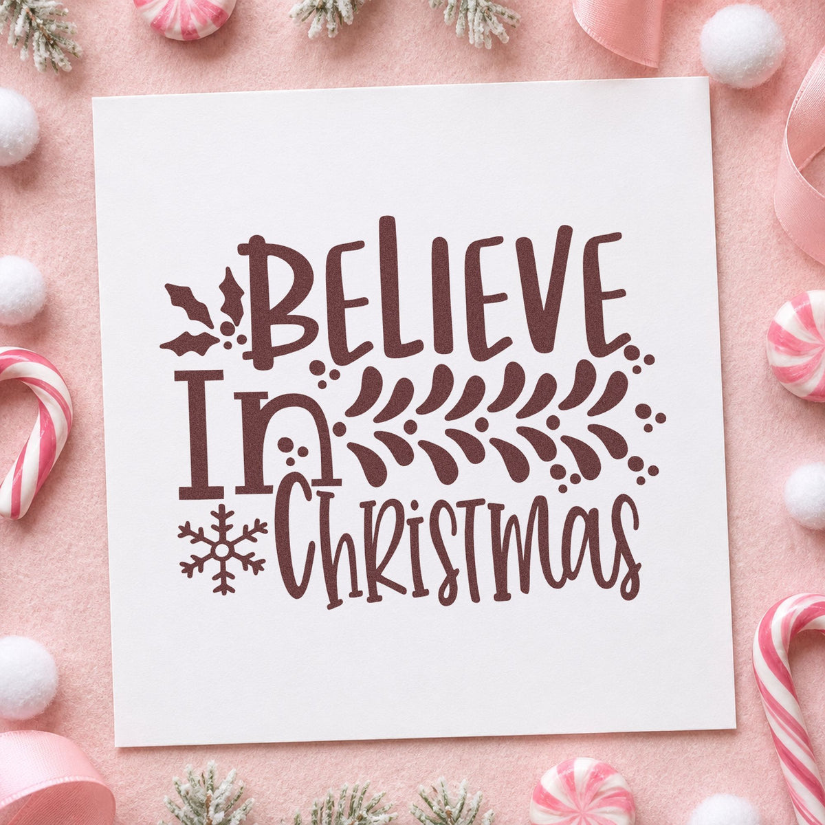 Believe In Christmas Branch rubber stamp printed in brown ink, ready for reading plan sheet and similar paper crafts.