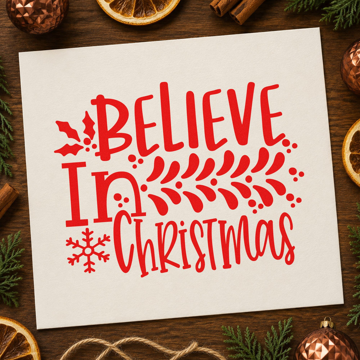 Believe In Christmas Branch craft stamp in red ink on cardstock, an easy option for table drape printing.