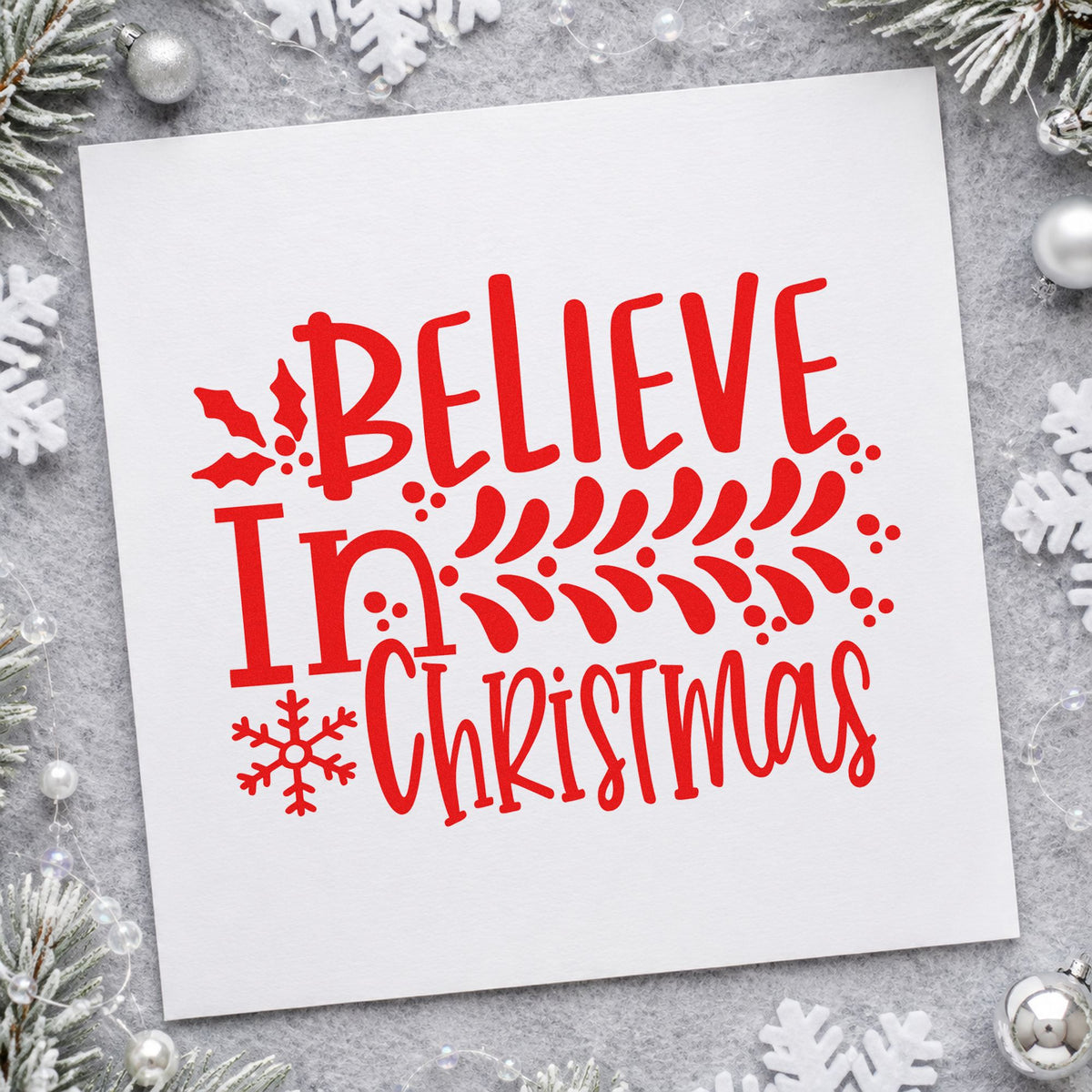 Believe In Christmas Branch rubber stamp shown in red ink, stamped for projects such as resource bin labels.