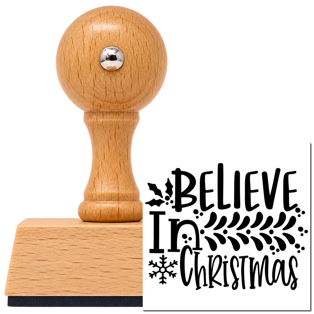 Vintage Pro beech wood stamp with a round knob handle, shown with its black Believe In Christmas Branch imprint on white.