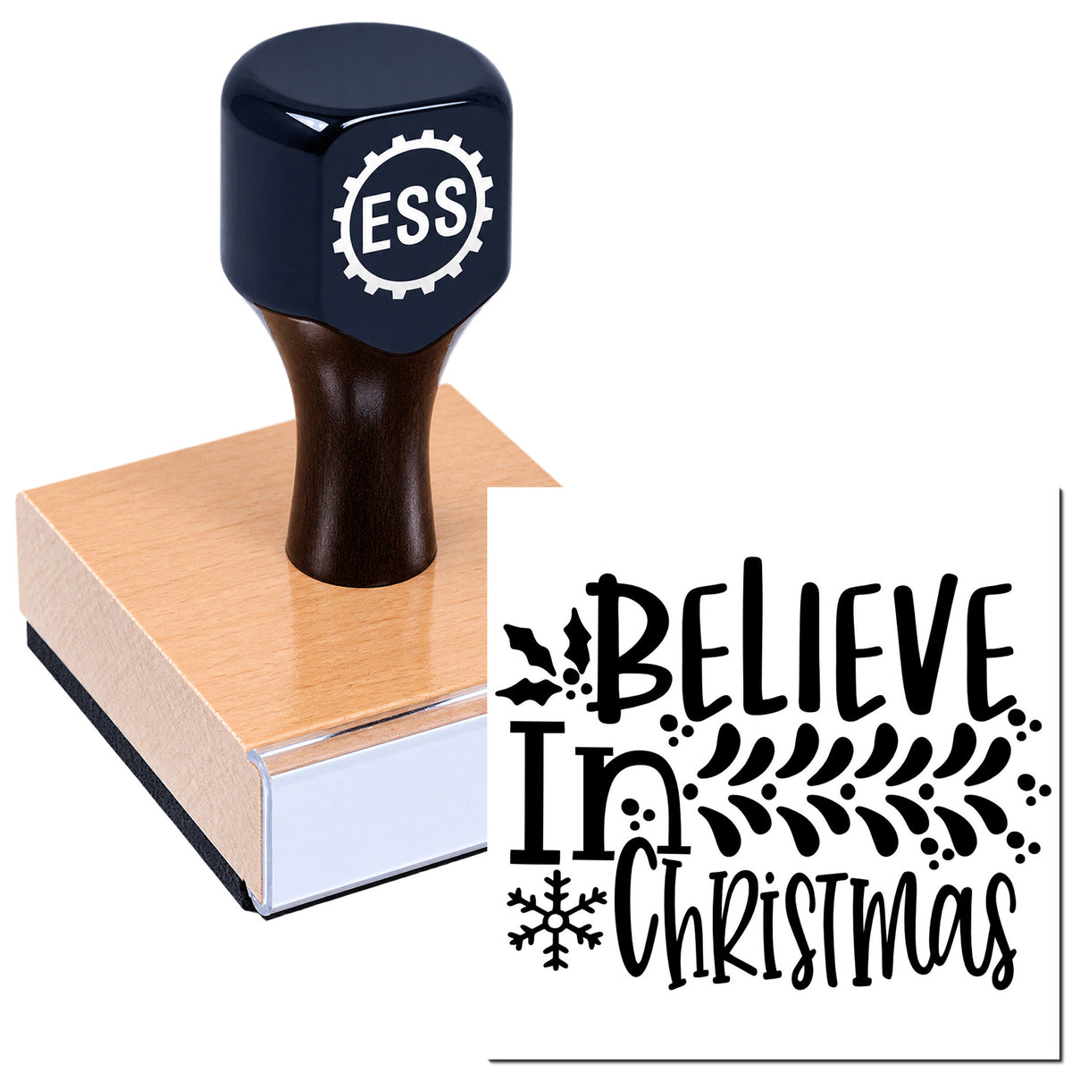 Black ESSI rubber stamp and seal on copper block with "Believe In Christmas" holiday design.