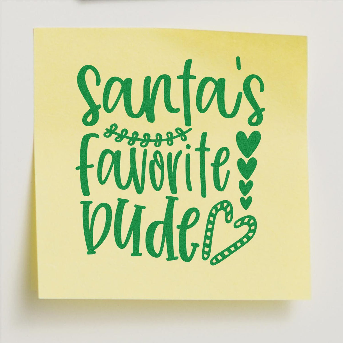 Yellow stamp and seal design with green Santas favorite dude lettering, hearts, and candy canes for holiday products