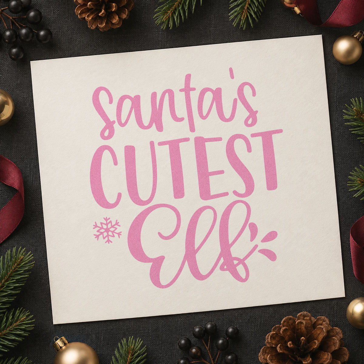 Santa's Cutest Elf Lettering craft stamp in purple ink on cardstock, an easy option for kids' gift tags.