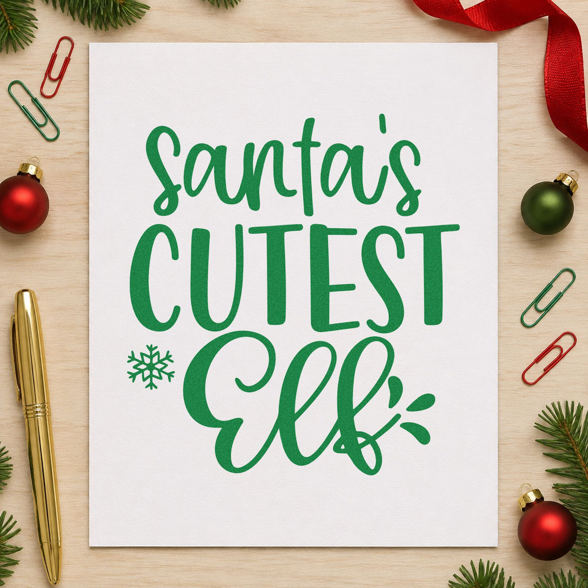 Santa's Cutest Elf Lettering craft stamp imprint in green ink on a handmade project, one idea being elf visit letters.