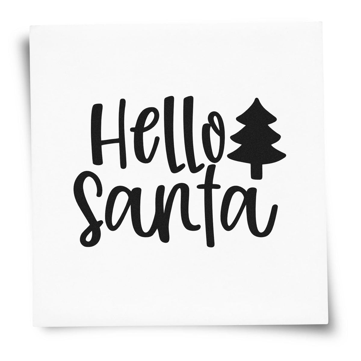 Black Hello Santa stamp design with pine tree icon on white background for holiday seal products.