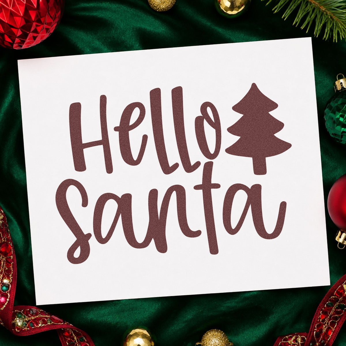 Hello Santa With Tree rubber stamp printed in brown ink, ready for simple note sheet and similar paper crafts.
