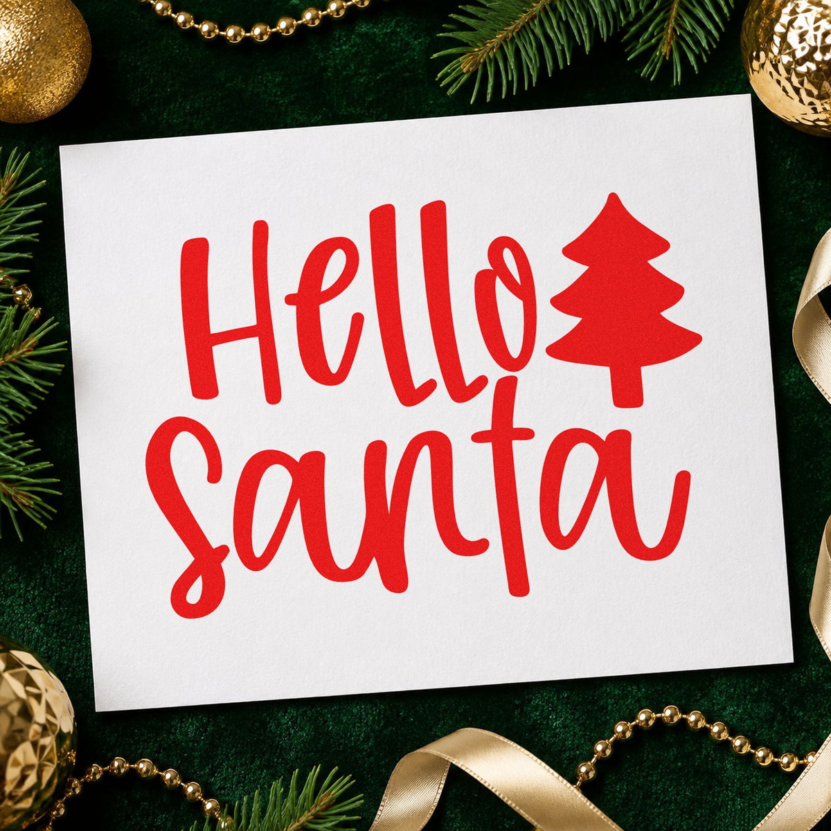 Hello Santa With Tree rubber stamp shown in red ink, stamped for projects such as storage tub labels.