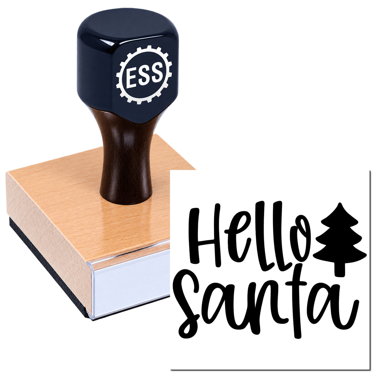 Dark navy ESS self-inking stamp on a wooden block, showing a black "Hello Santa" seal with tree icon.