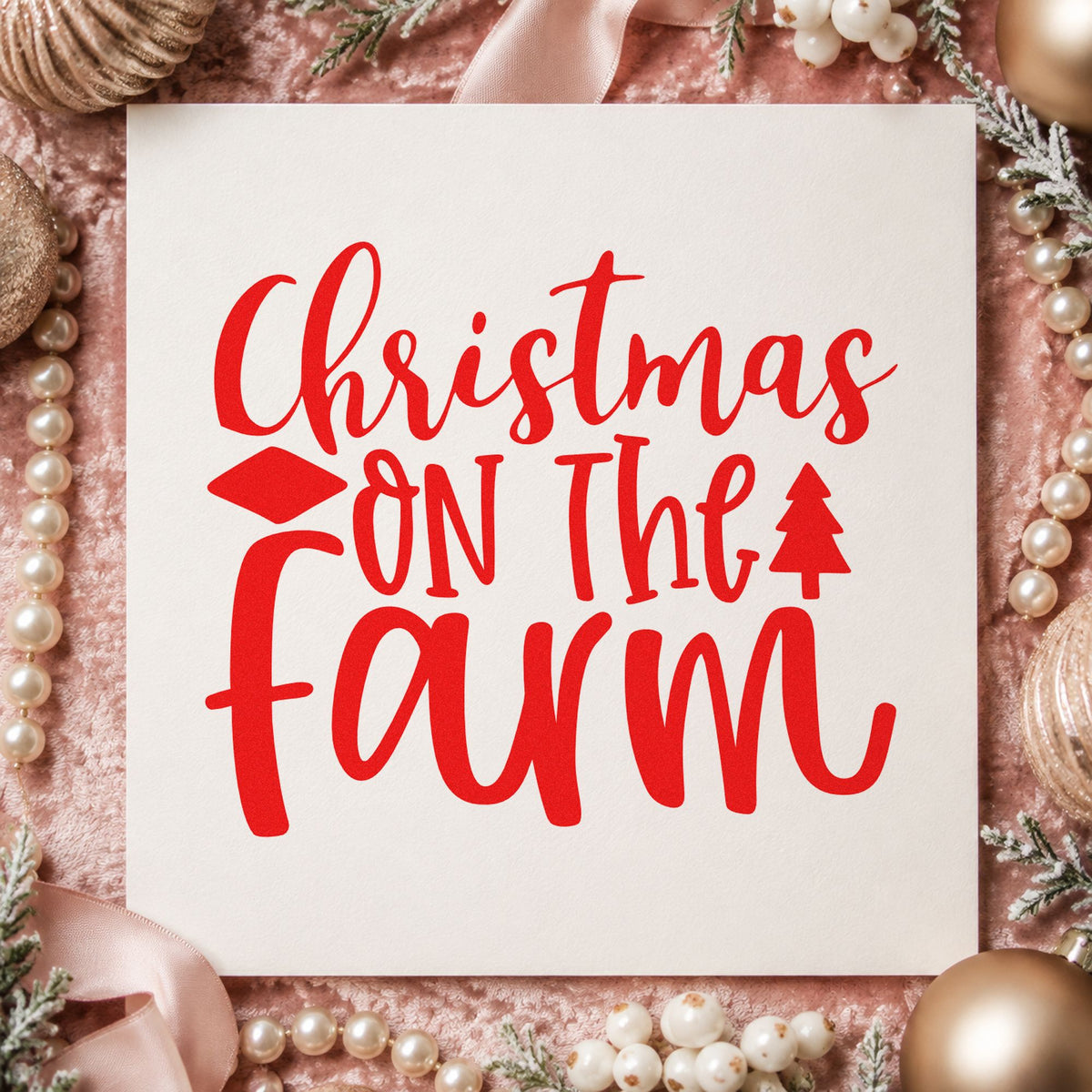 Christmas On The Farm craft stamp in red ink on cardstock, an easy option for feed sack printing.