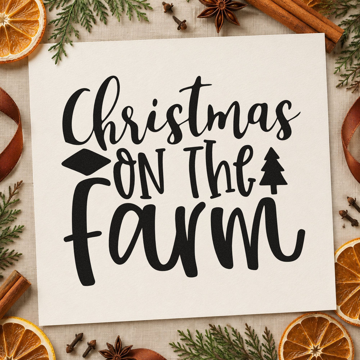 Christmas On The Farm rubber stamp printed in black ink, ready for on the farm cards and similar paper crafts.
