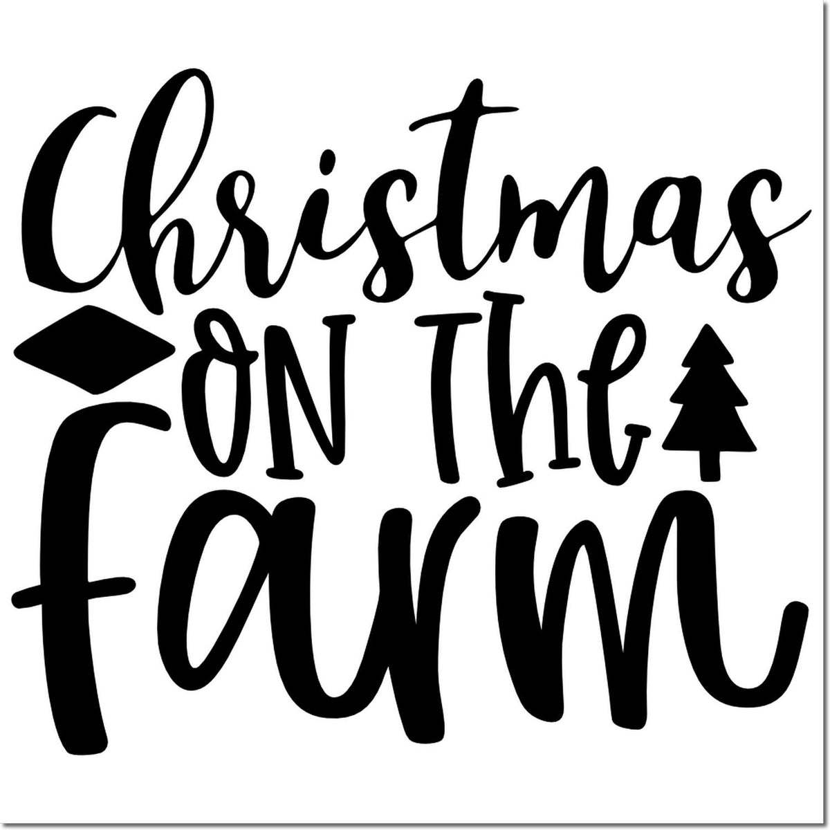 Black Christmas on the Farm stamp design with diamond and pine tree icons on a white background.