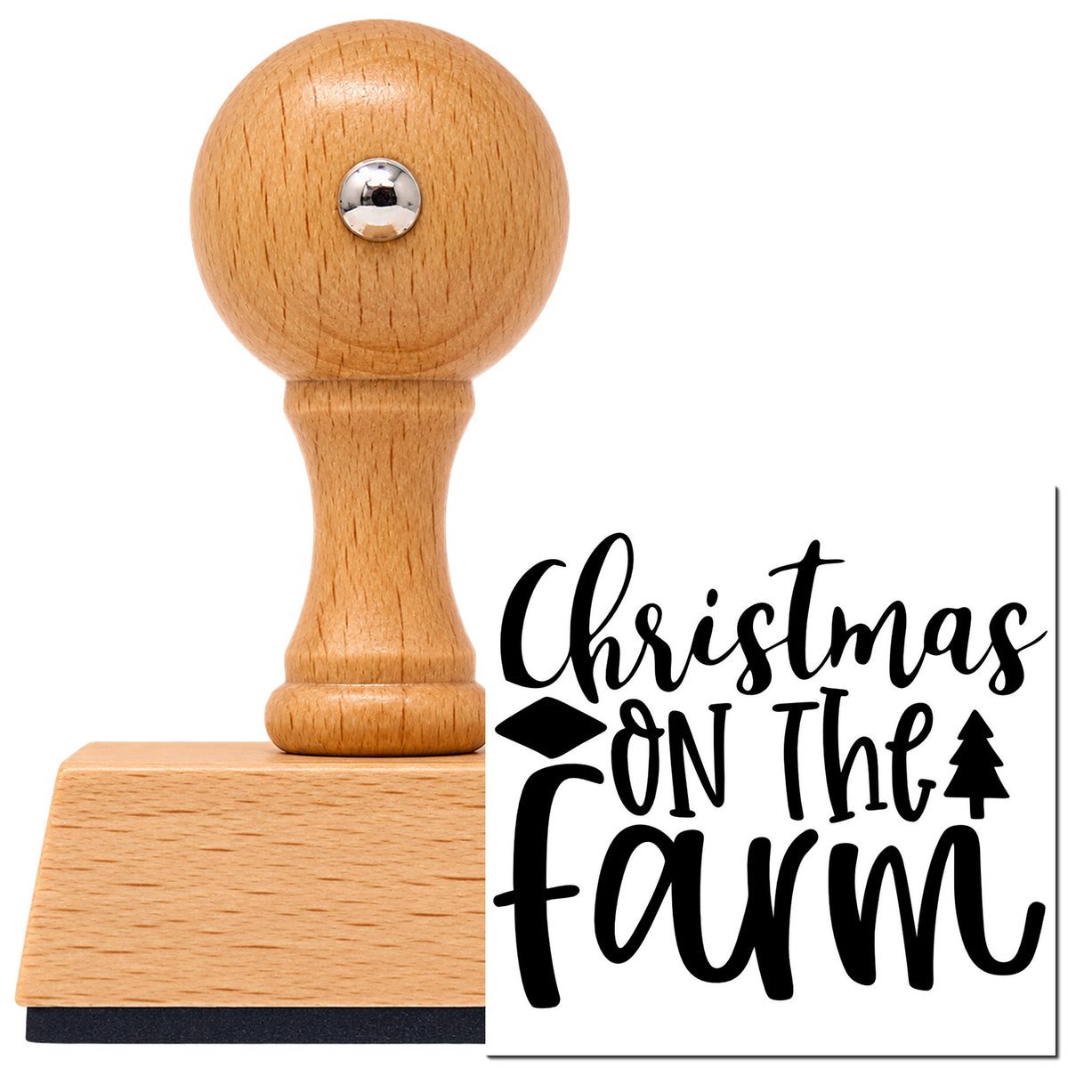 Vintage Pro beech wood stamp with a round knob handle, shown with its black Christmas On The Farm Tree Motif imprint on white.