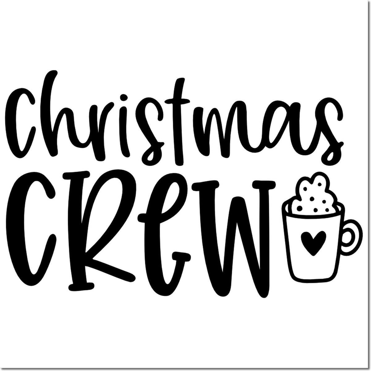 Black Christmas Crew seal stamp design with bold script and a hot cocoa mug with heart icon.