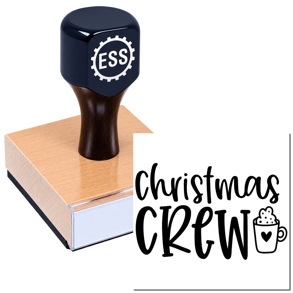 Black ESS rubber stamp and seal on wooden block with Christmas Crew design and mug icon on white background.