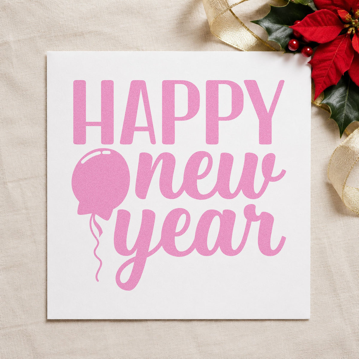 Happy New Year Balloon craft stamp in purple ink on cardstock, an easy option for countdown invitations.