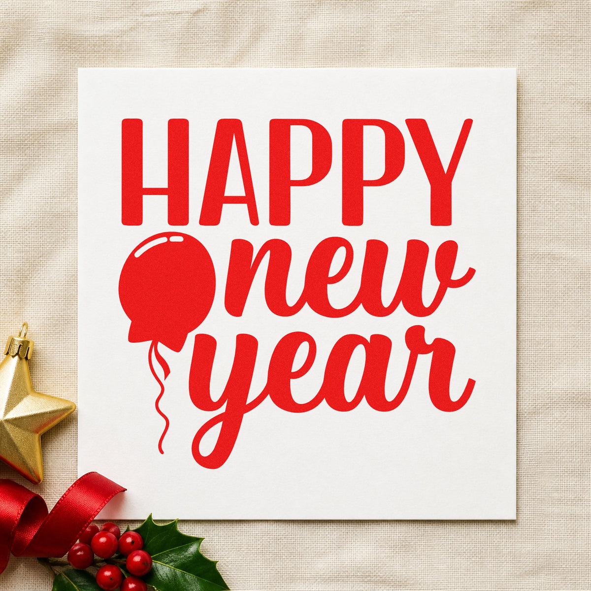Happy New Year Balloon rubber stamp shown in red ink, stamped for projects such as business thank-you notes.