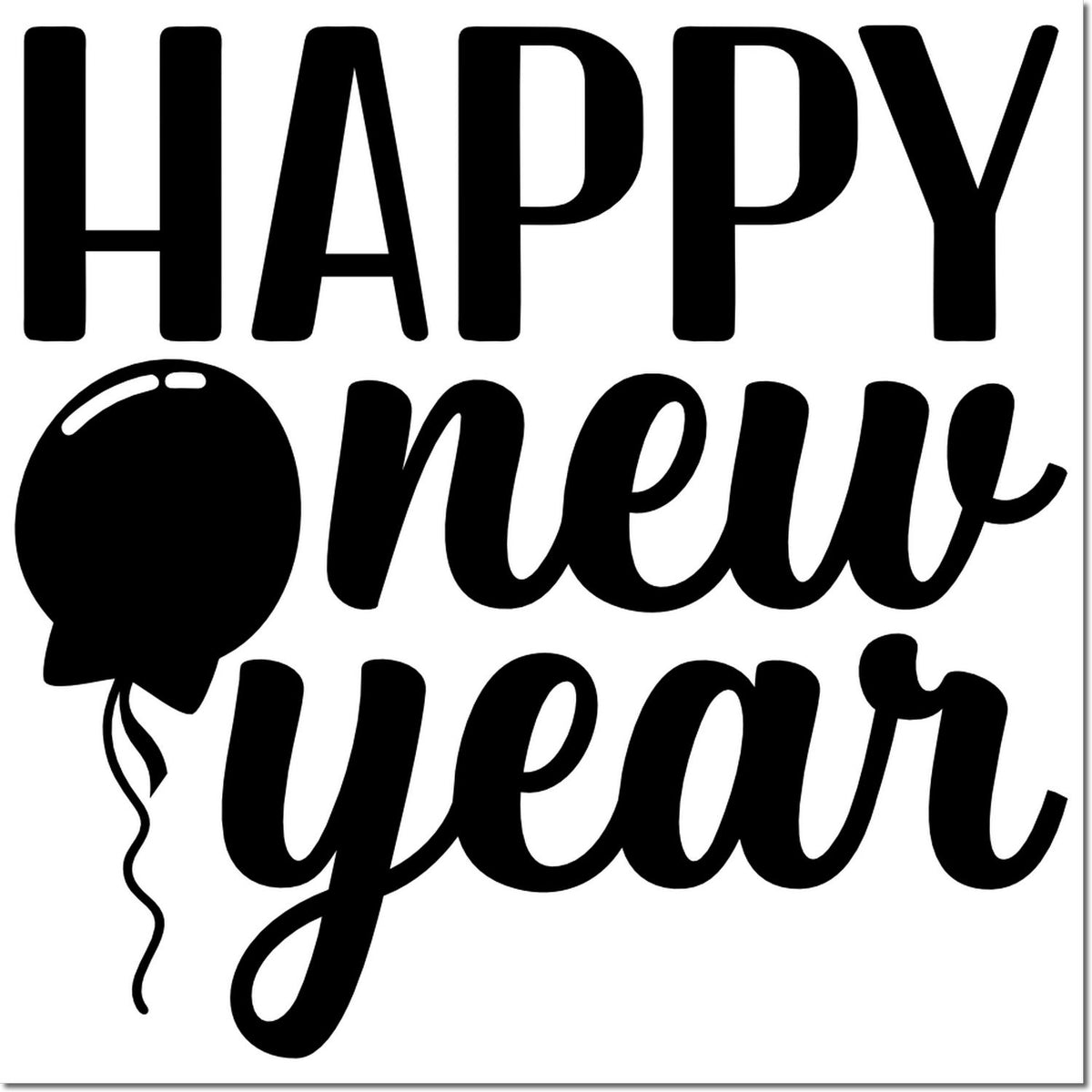 Black Happy New Year balloon stamp and seal design on white background
