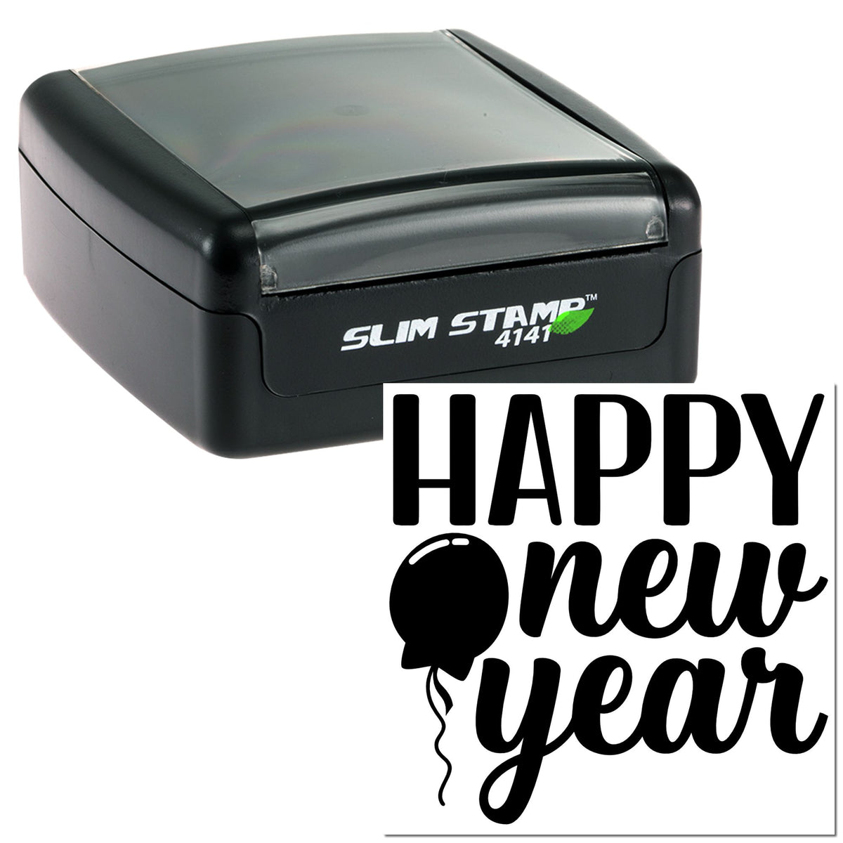 Black self-inking stamp and seal with translucent gray top, showing Happy New Year text and balloon graphic in black.