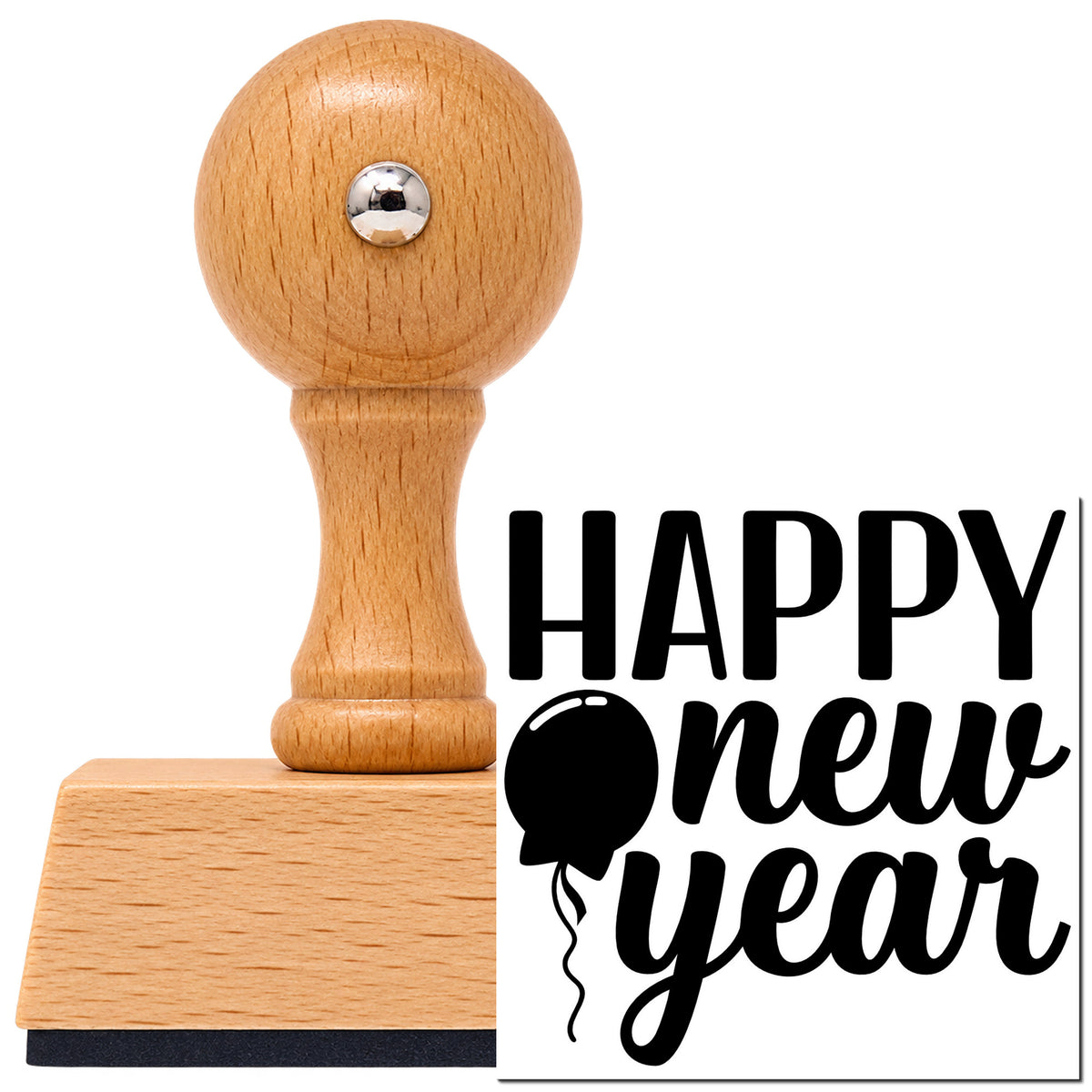 Vintage Pro beech wood stamp with a round knob handle, shown with its black Happy New Year Balloon imprint on white.