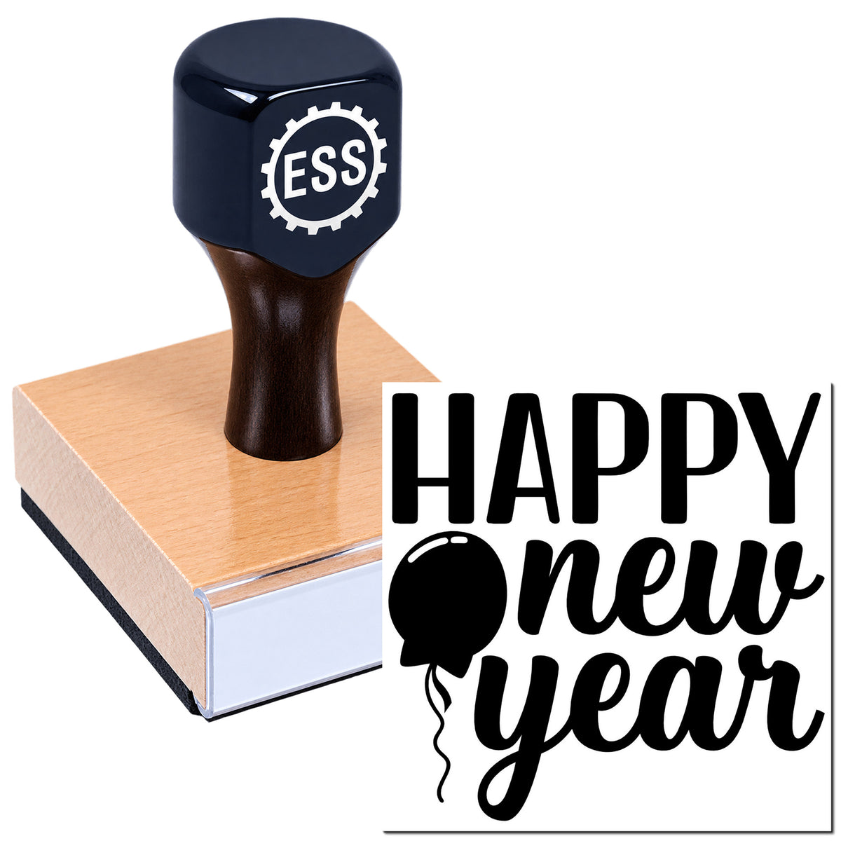 Dark blue ESS seal stamp with wooden base and black Happy New Year lettering on white background.
