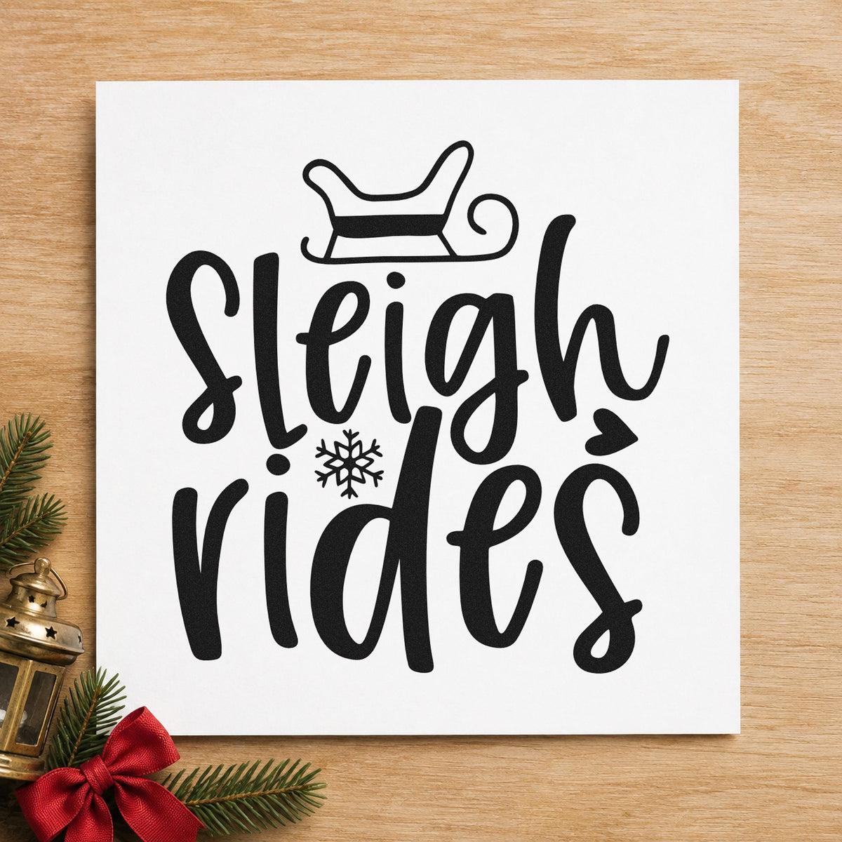 Sleigh Rides Winter Lettering rubber stamp printed in black ink, ready for trail sleigh cards and similar paper crafts.