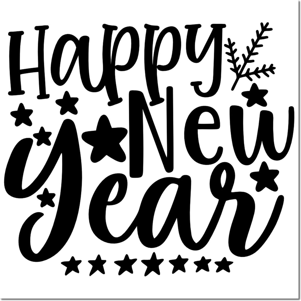 Black Happy New Year stamp and seal design with stars and snowflake accents on a white background.