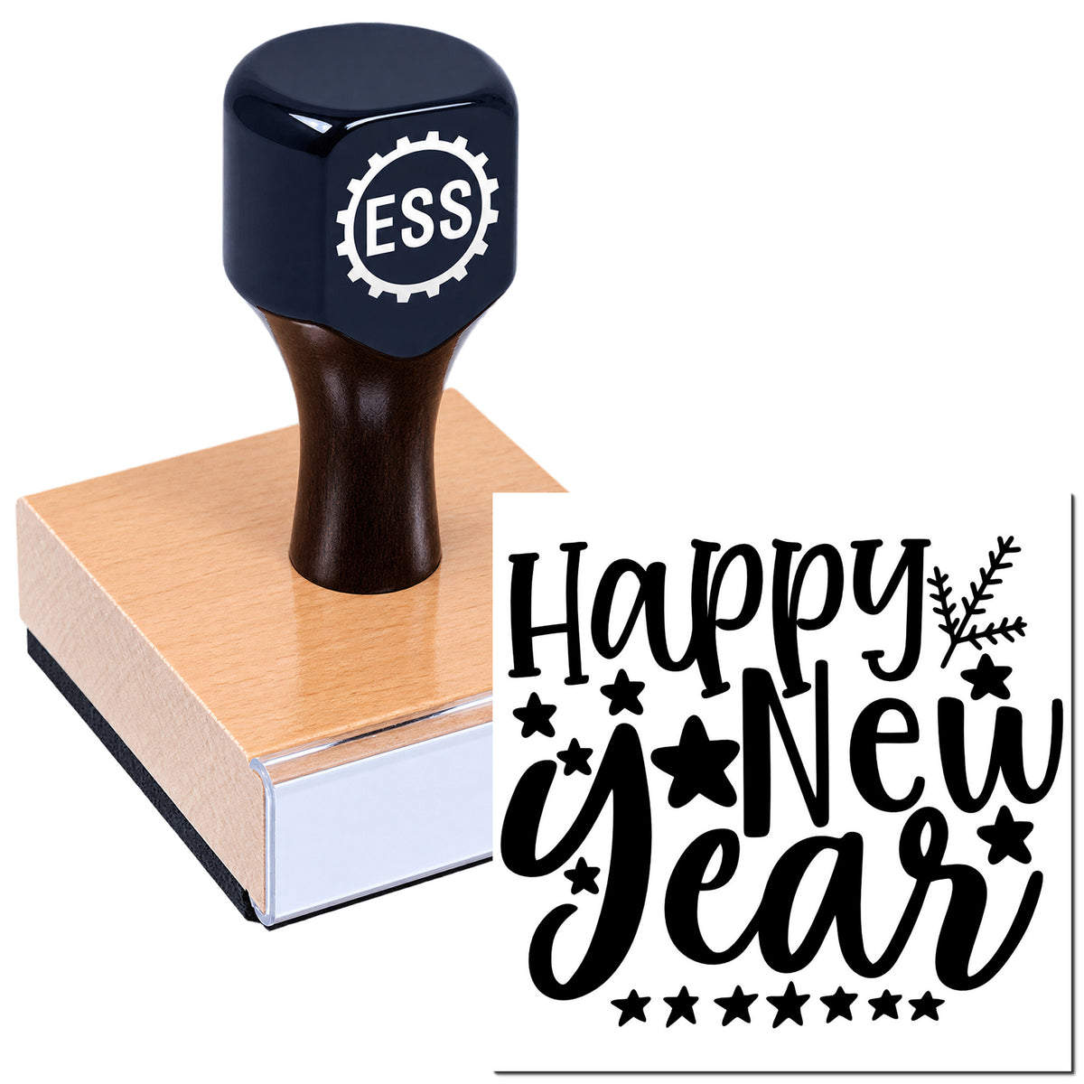 Black ESS stamp and seal on copper block, with "Happy New Year" impression in black script and stars.