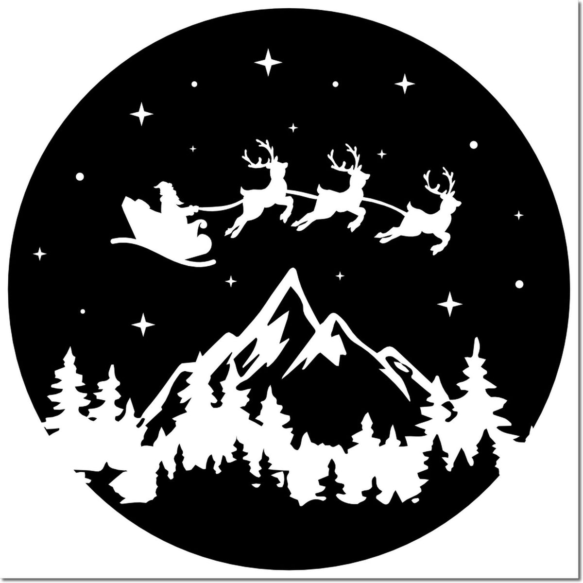 Black circular decorative stamp seal with white Santa sleigh, reindeer, mountain, pine trees, and stars.