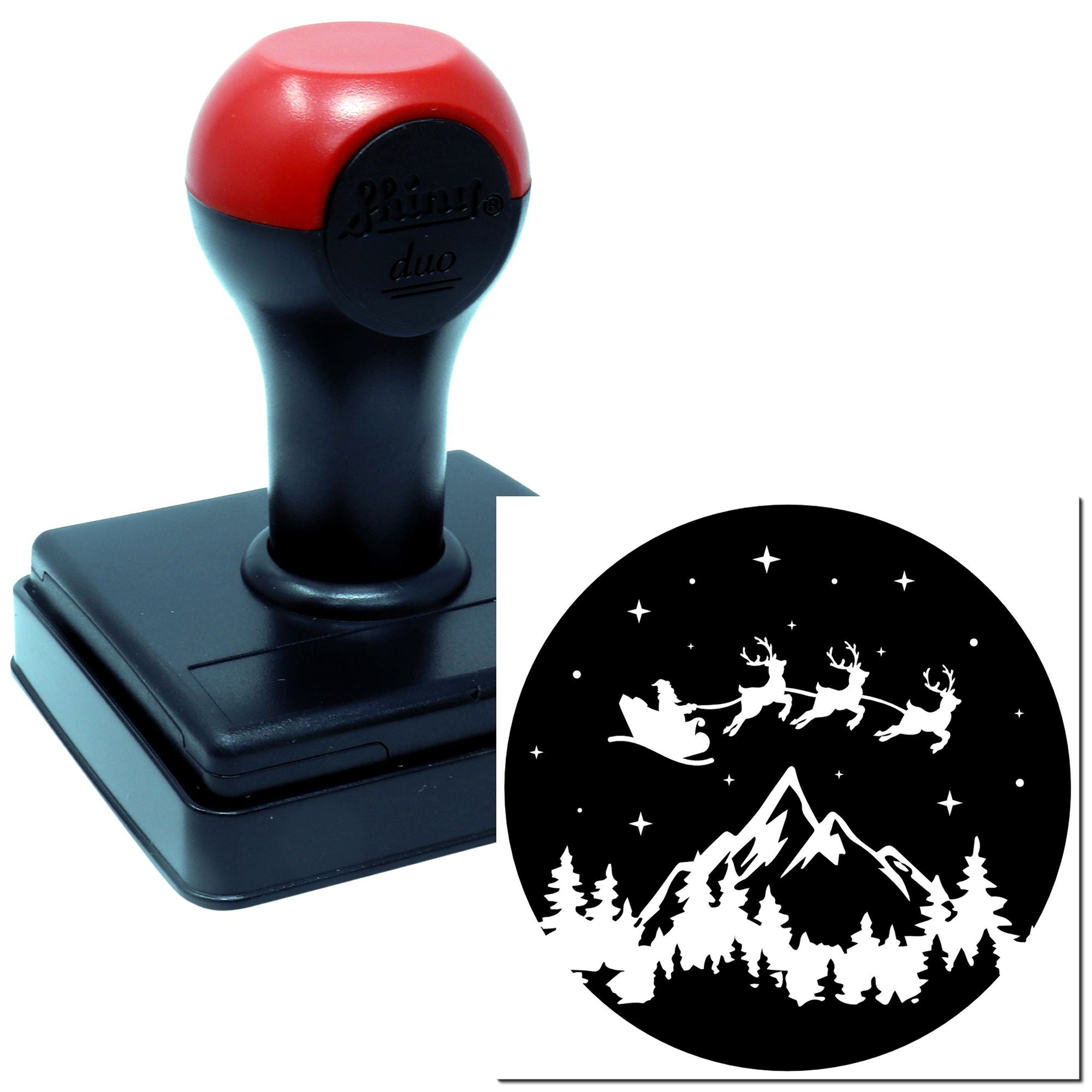 Duo Santa's Sleigh Over Snowy Pines Hand Stamp