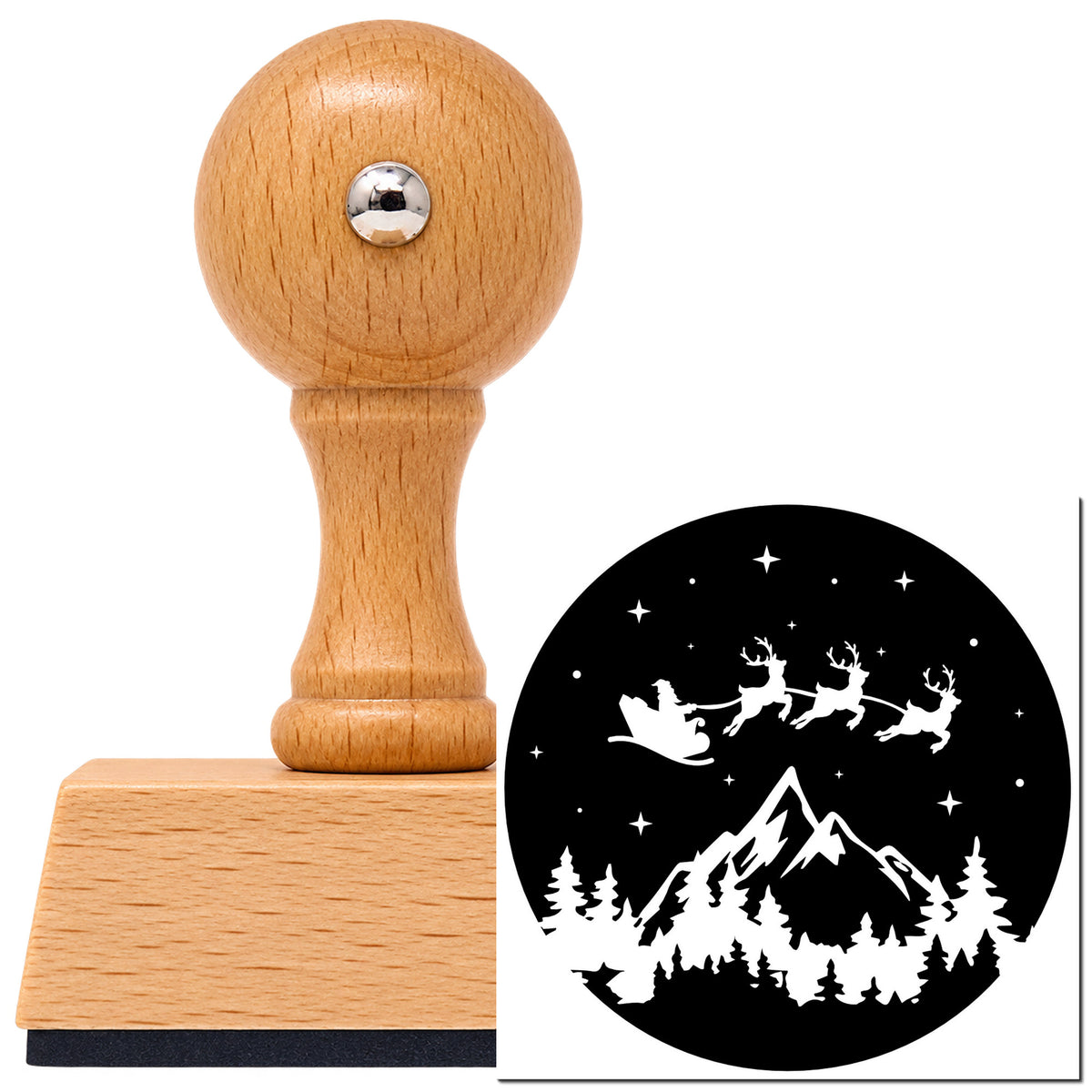 Vintage Pro beech wood stamp with a round knob handle, shown with its black Santa Reindeer Mountain Night imprint on white.