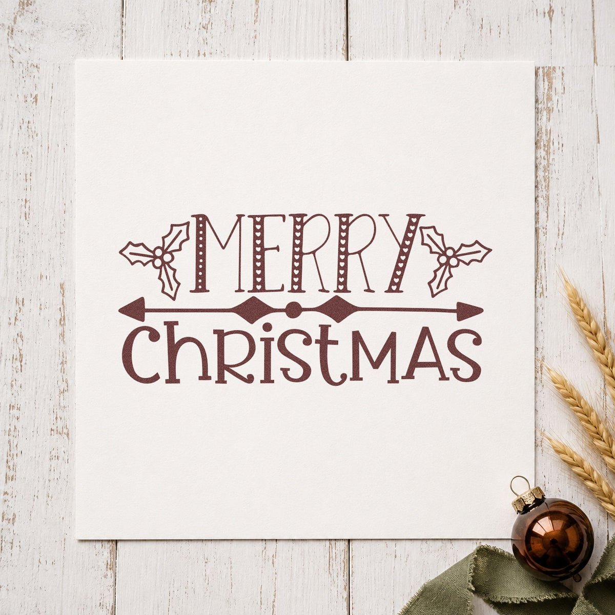 Merry Christmas Holly Banner rubber stamp printed in brown ink, ready for section break sheet and similar paper crafts.