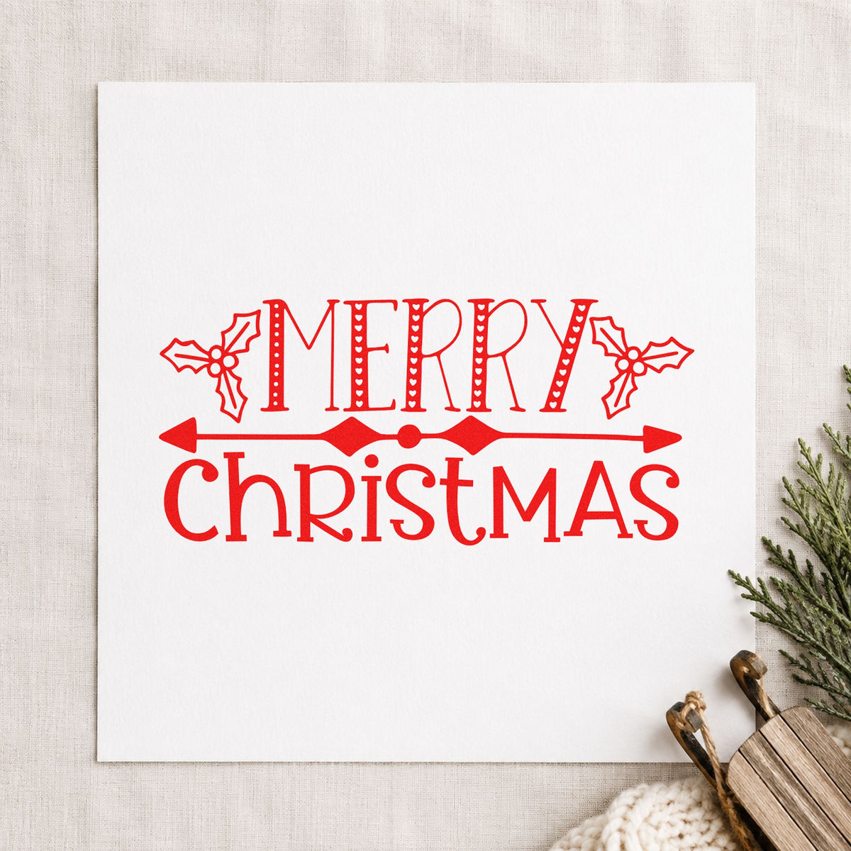 Merry Christmas Holly Banner craft stamp in red ink on cardstock, an easy option for runner center printing.