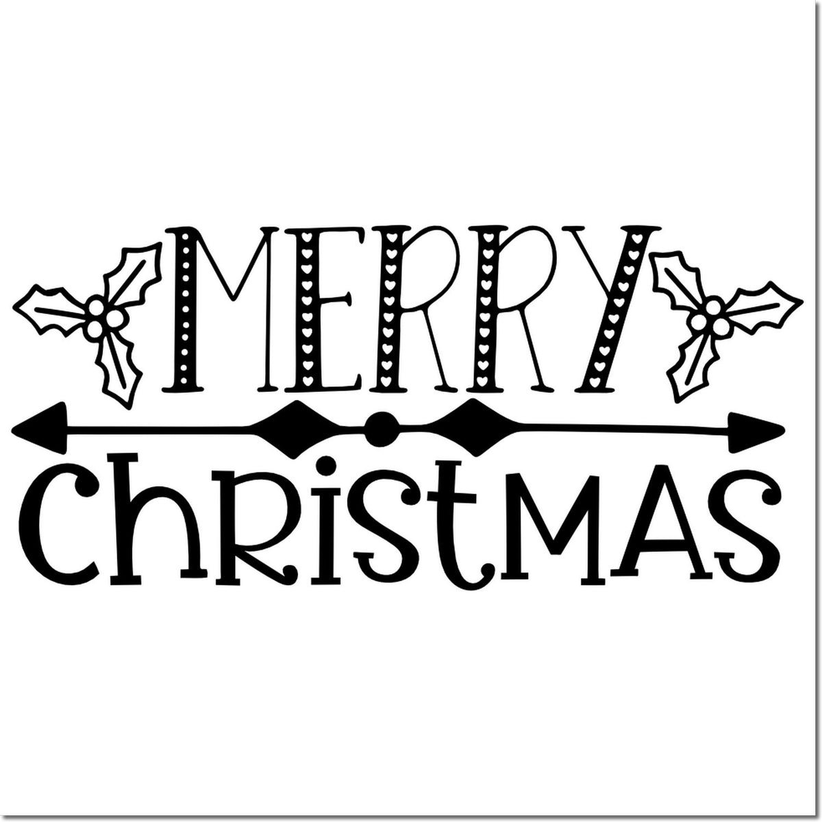 Black Merry Christmas stamp and seal design with holly leaves, heart accents, and a decorative arrow divider.
