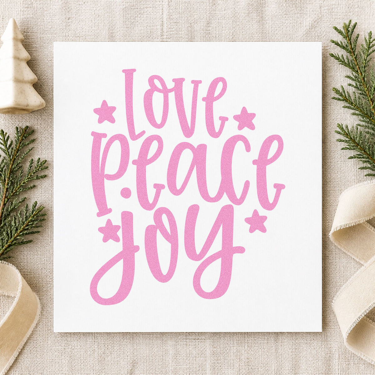 Love Peace Joy Stars craft stamp in purple ink on cardstock, an easy option for column album panel.