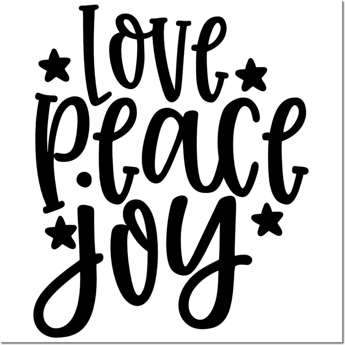 Black decorative stamp/seal with hand-lettered Love Peace Joy and stars on a white background.