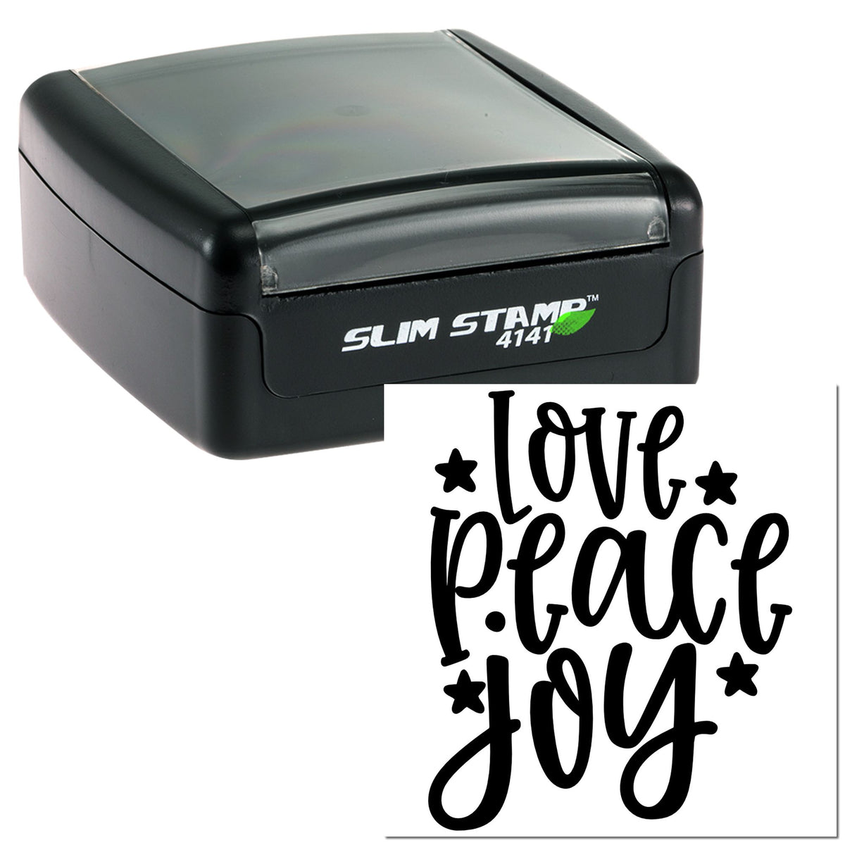 Black slim self-inking stamp with transparent cover and decorative love peace joy seal impression in black.