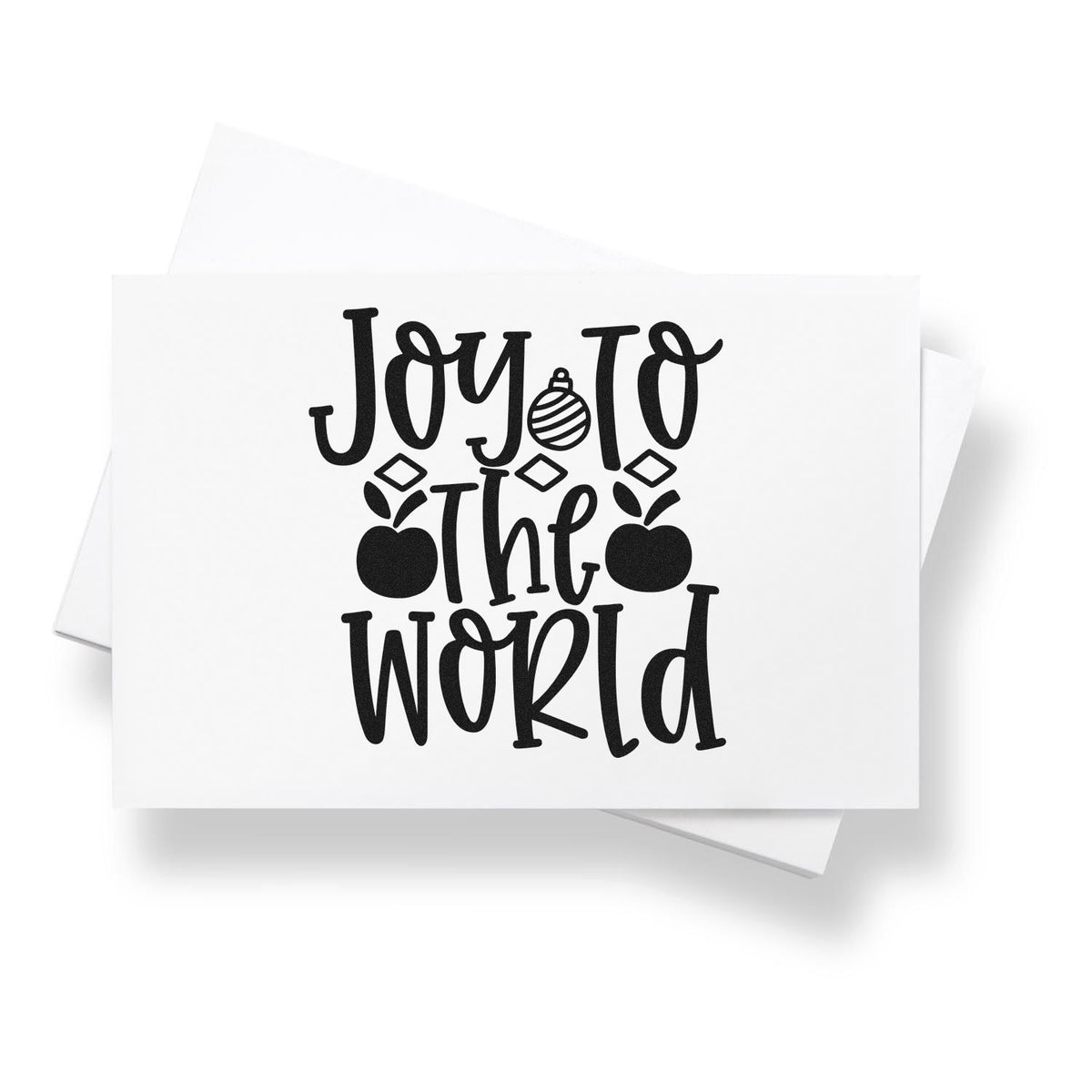Black Joy to the World holiday stamp and seal design with ornaments on white cards