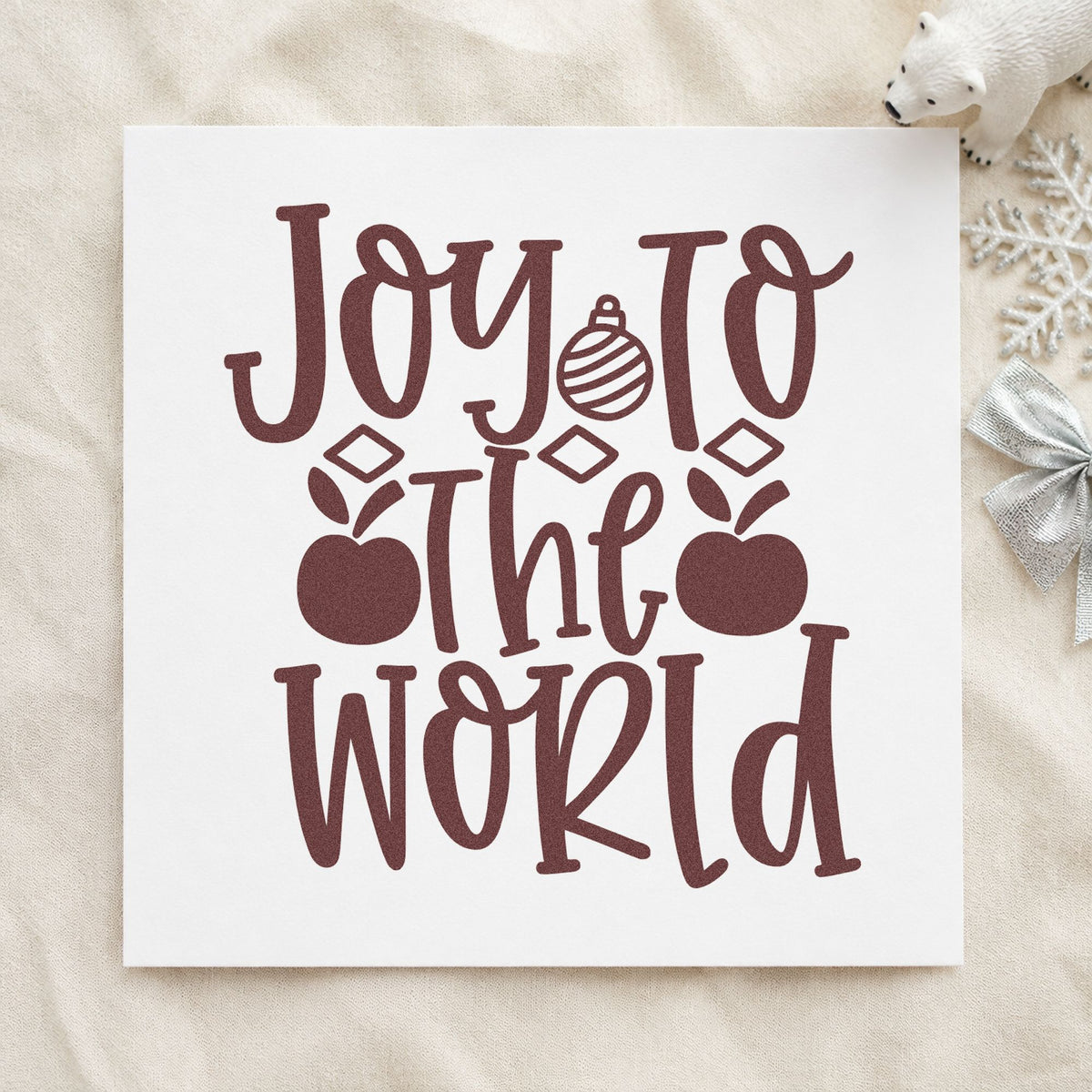 Joy To The World Ornaments rubber stamp printed in brown ink, ready for inventory count sheet and similar paper crafts.
