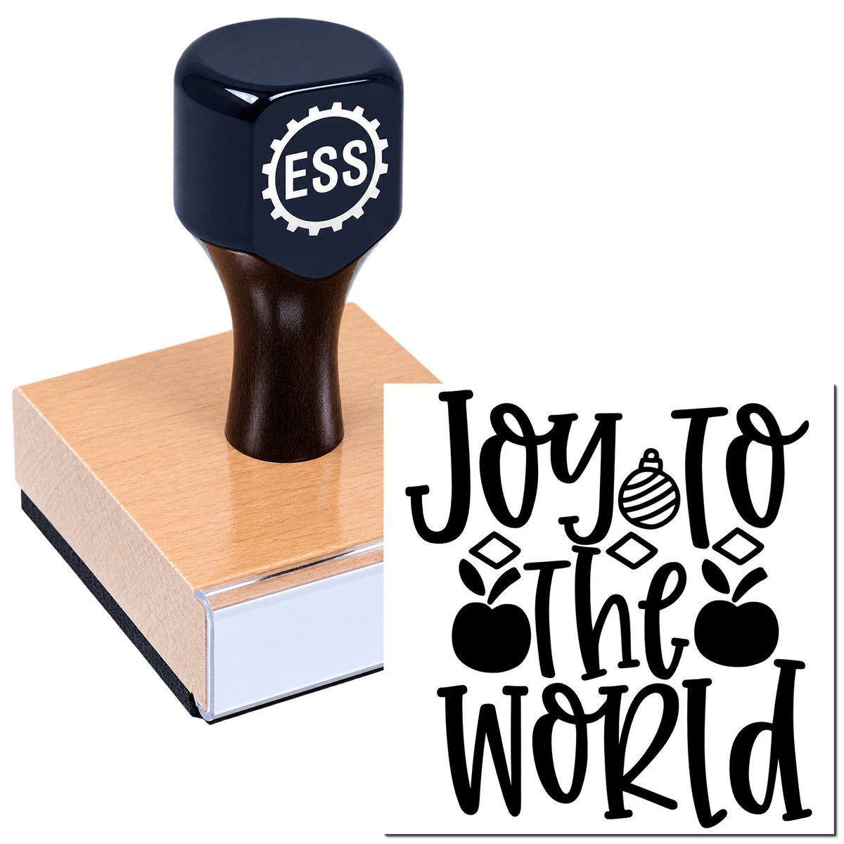 Dark navy custom rubber stamp and seal with ESS logo on a wooden block, showing a black "Joy to the world" holiday design.