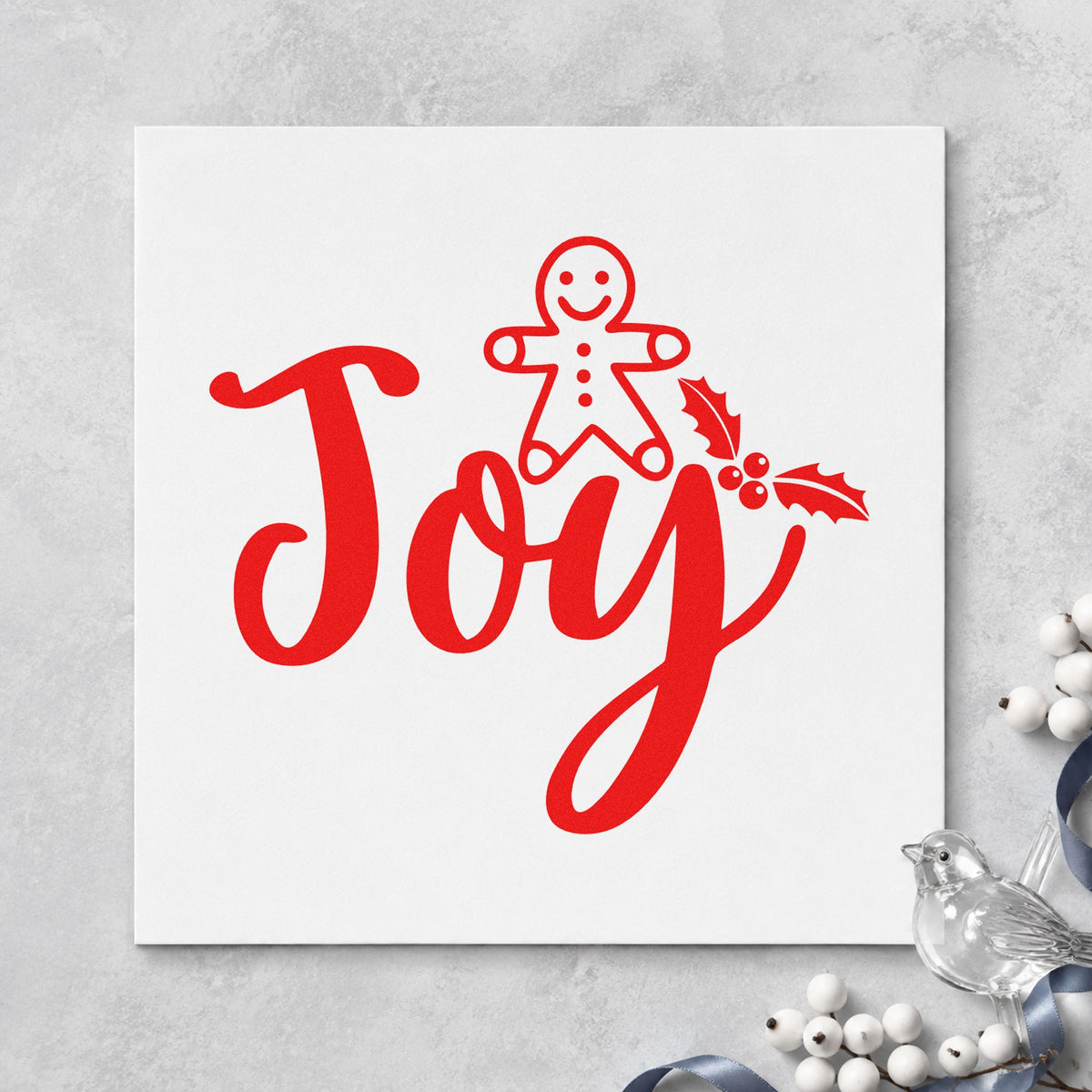 Joy Gingerbread Holly Lettering rubber stamp shown in red ink, stamped for projects such as molasses jar labels.