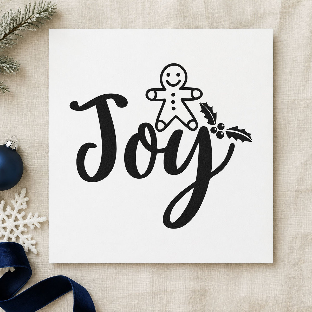 Joy Gingerbread Holly Lettering rubber stamp printed in black ink, ready for one word joy cards and similar paper crafts.