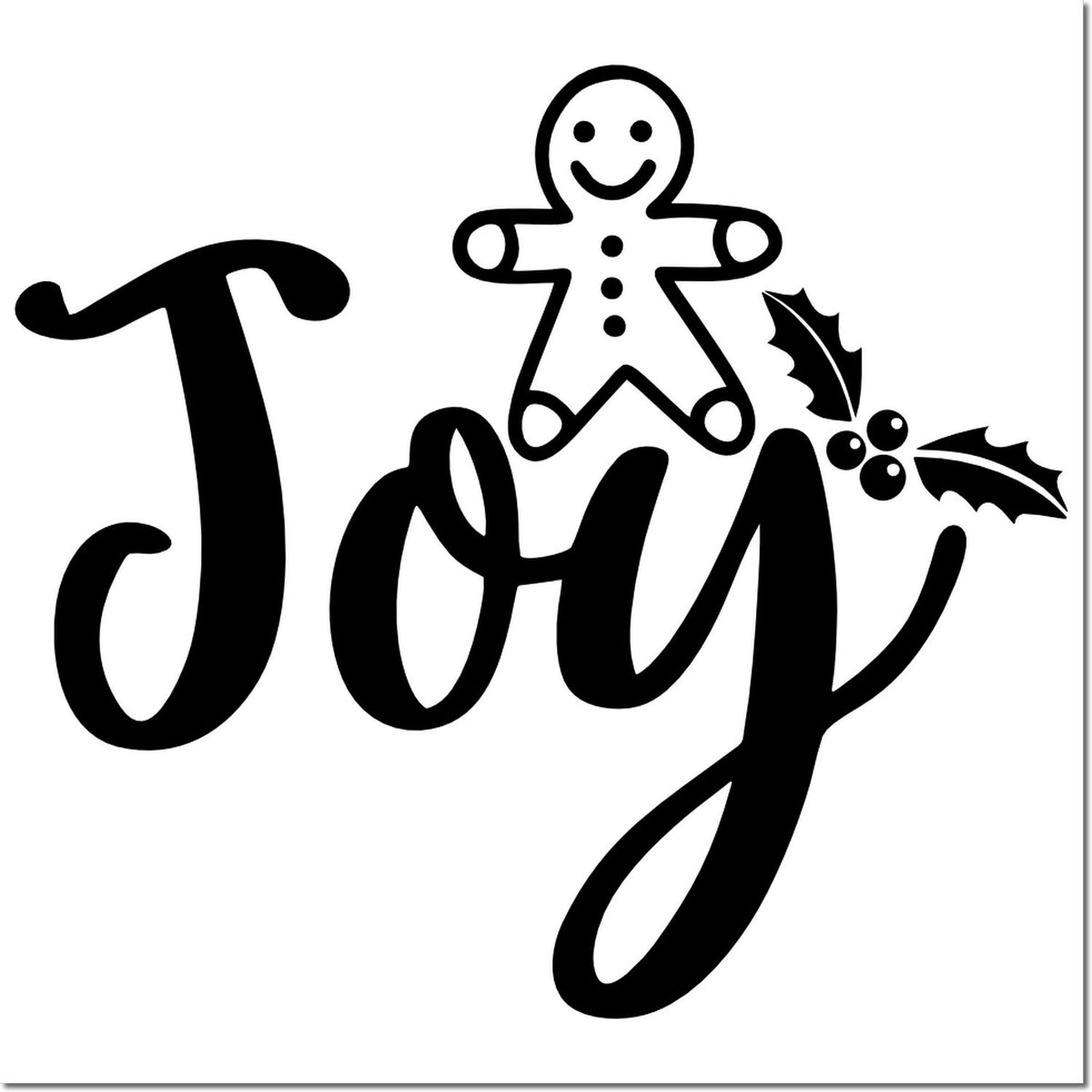 Black Joy holiday stamp/seal design with gingerbread man and holly berries on a white background.
